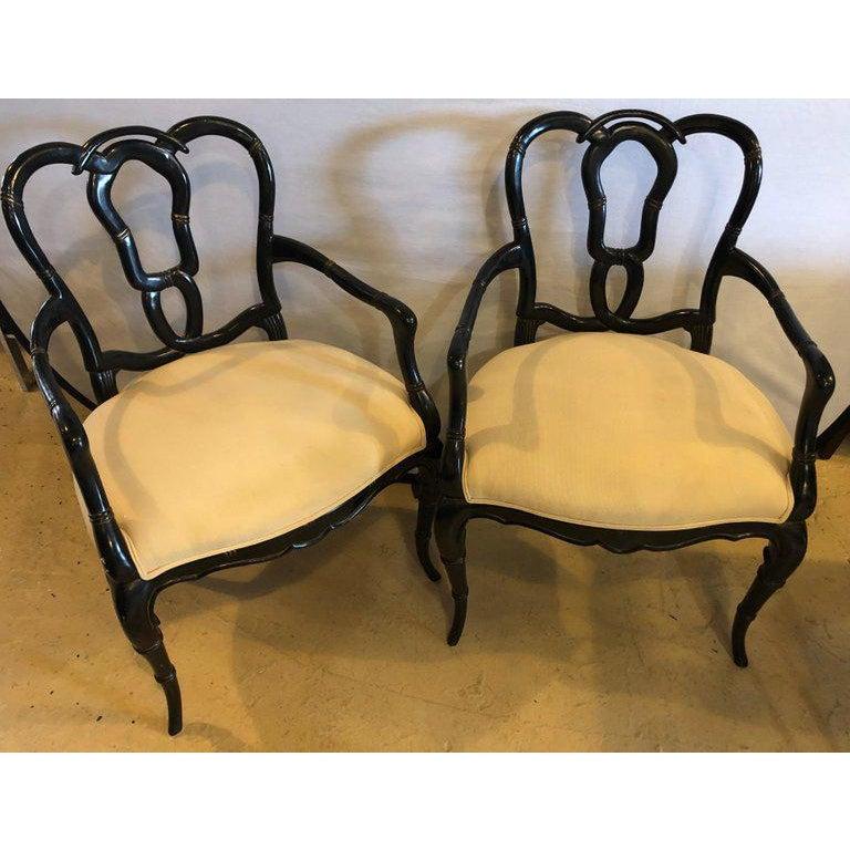 Hollywood Regency Style Lacquer Bamboo Form Armchairs in Ebony Finish, a Pair  In Good Condition In Plainview, NY