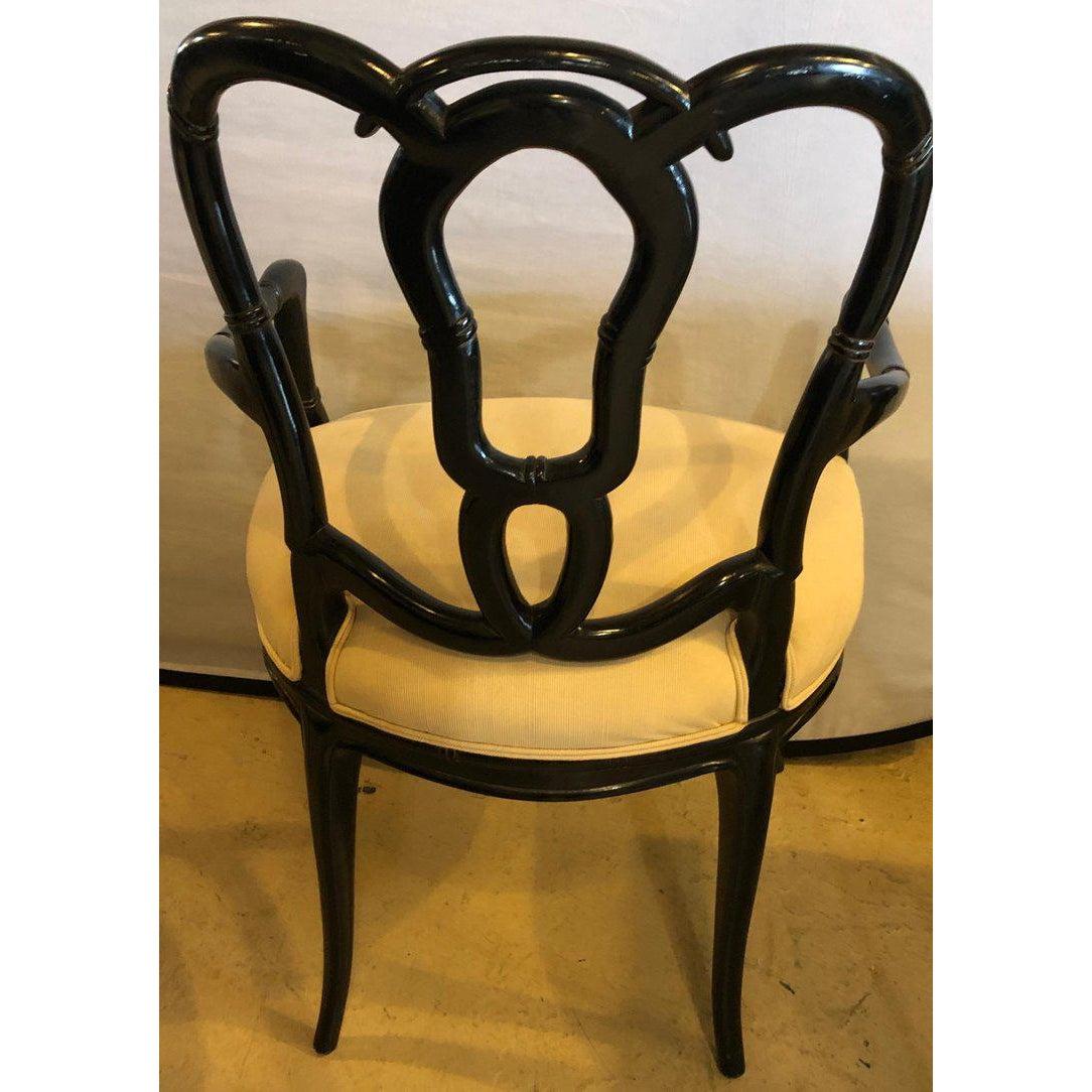 Hollywood Regency Style Lacquer Bamboo Form Armchairs in Ebony Finish, a Pair  1