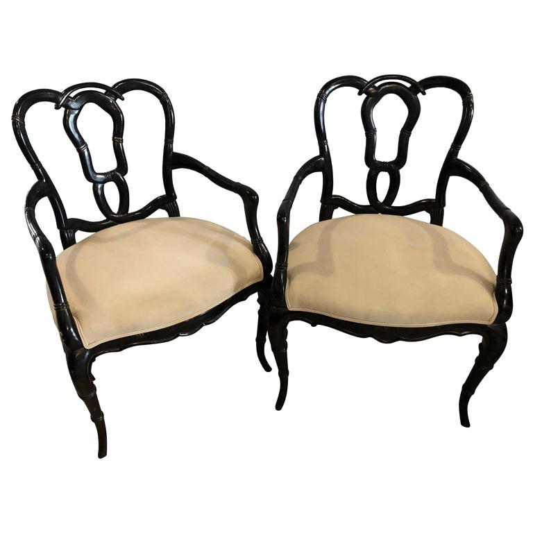 Hollywood Regency Style Lacquer Bamboo Form Armchairs in Ebony Finish, a Pair 