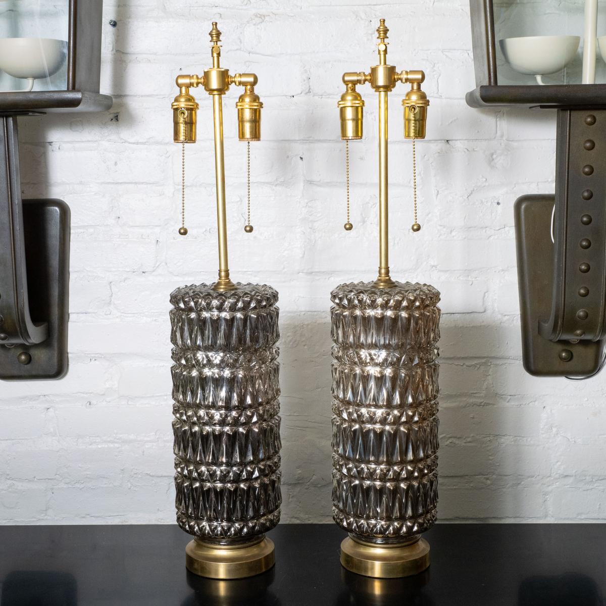 Pair of Hollywood Regency Style Dark Mercury Glass Diamond Pattern Lamps