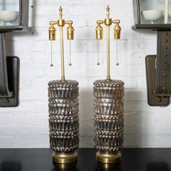Pair of Hollywood Regency Style Mercury Glass Diamond Pattern Lamps