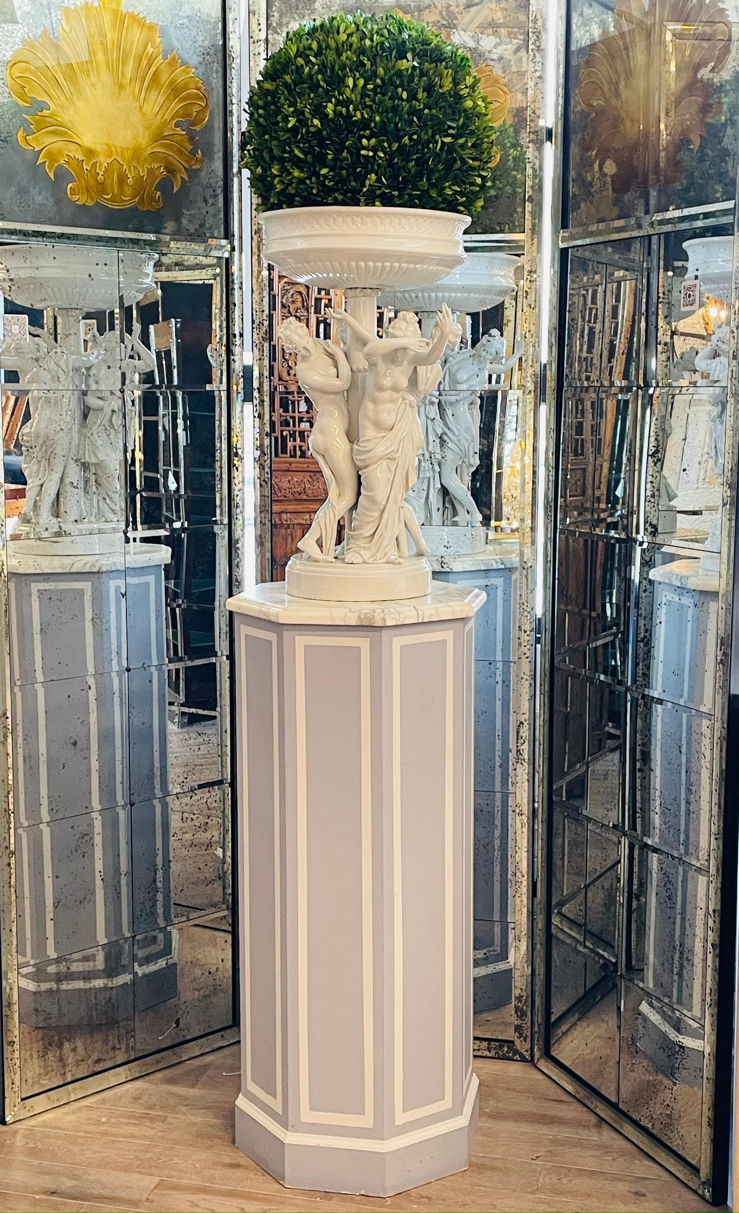 Pair of Hollywood Regency Style Pedestals Paint Decorated Wood with Marble Tops 2