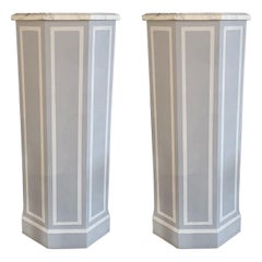 Pair of Hollywood Regency Style Pedestals Paint Decorated Wood with Marble Tops