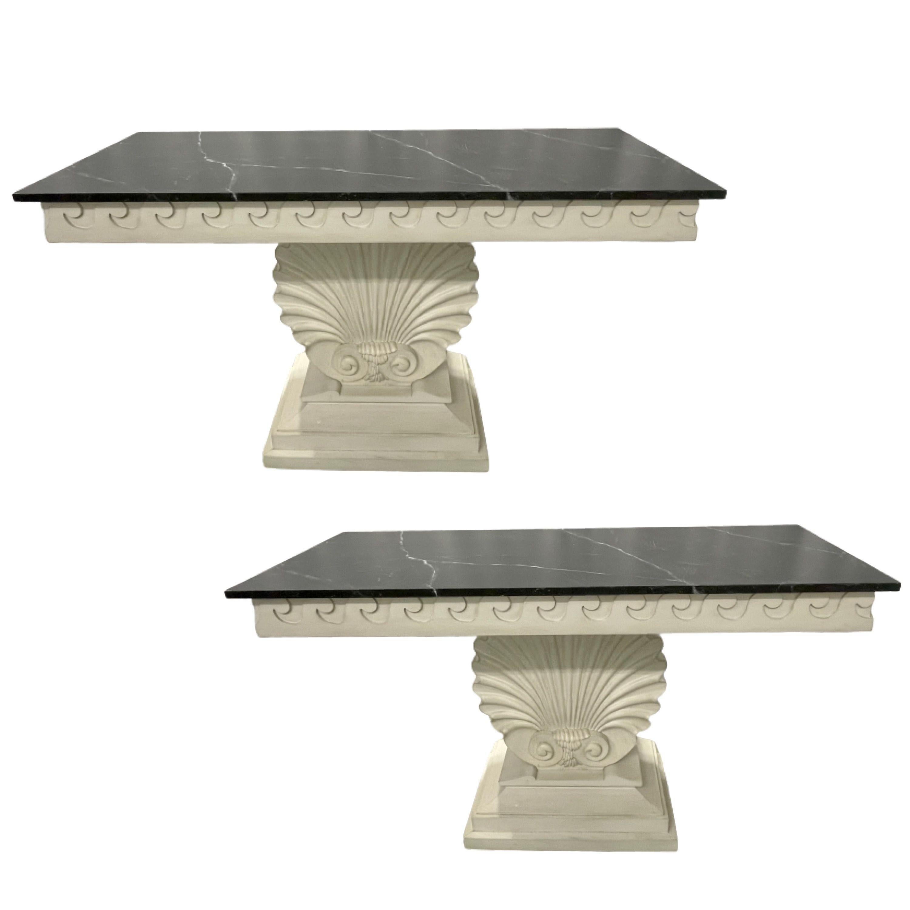 Pair of Hollywood Regency Style Shell From Console Tables, Faux Marble Top 1