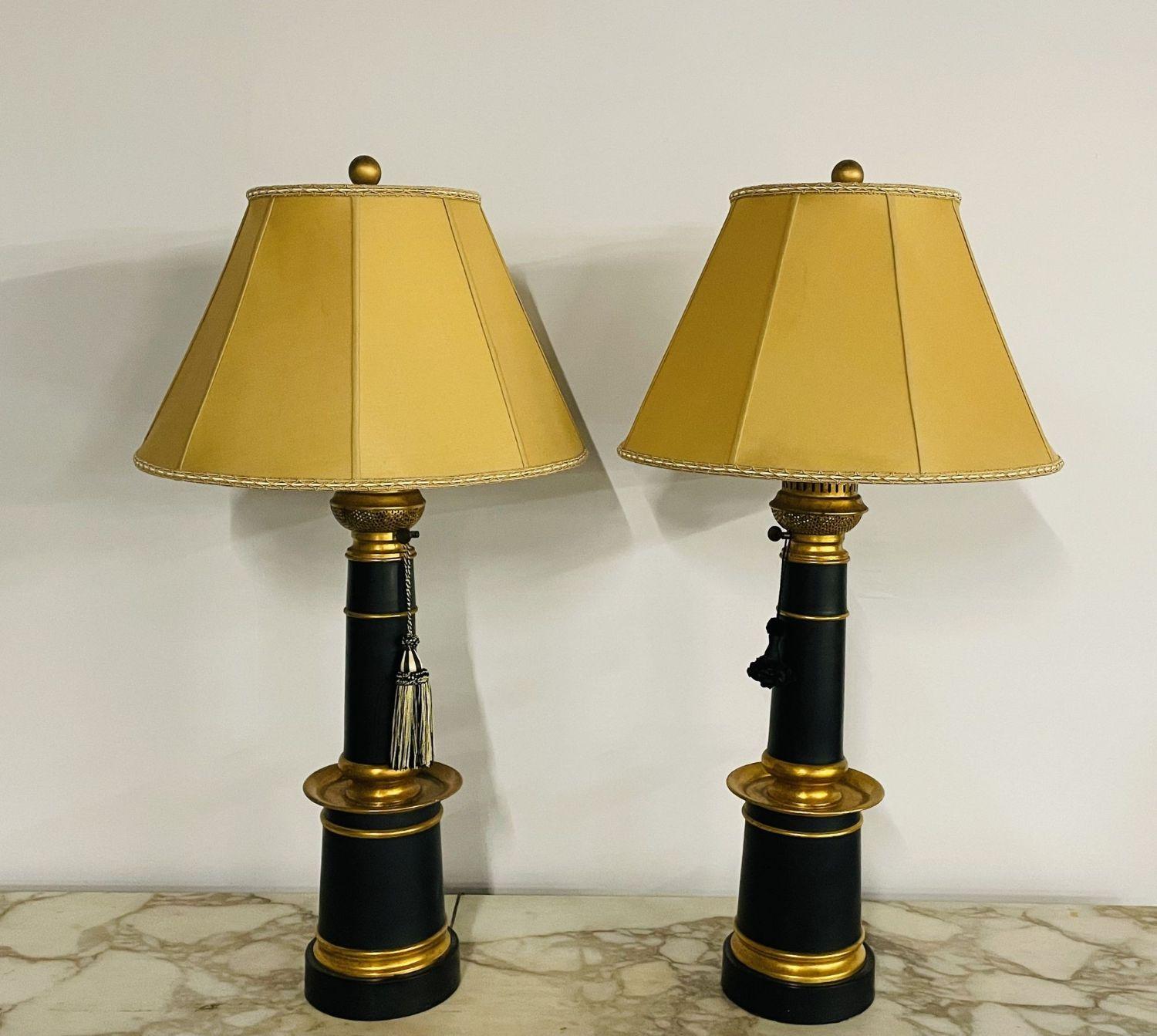 Pair of Hollywood Regency Style Table Lamps with Custom Shades, Ebony and Gilt In Good Condition For Sale In Stamford, CT