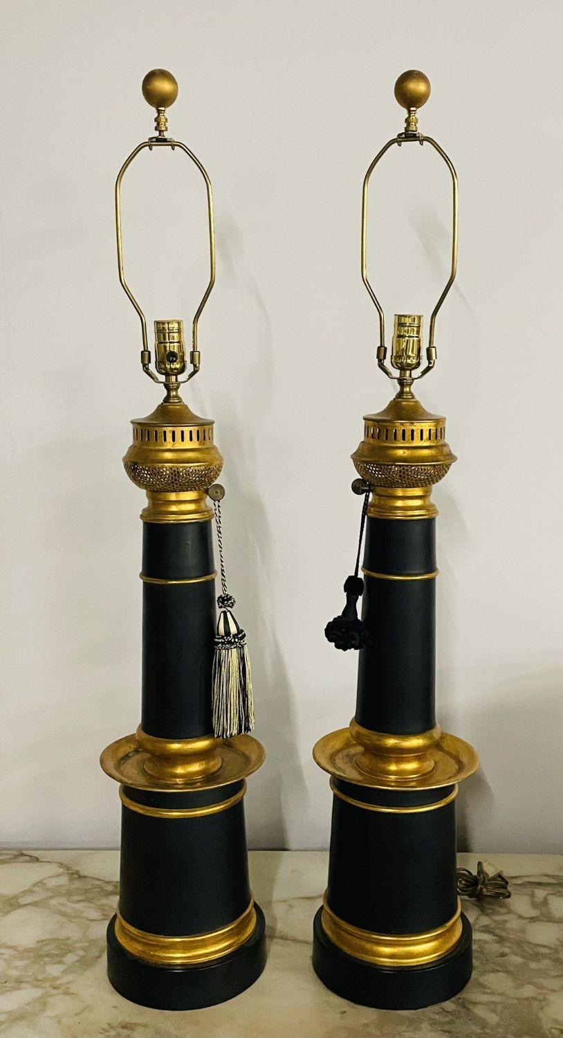 Metal Pair of Hollywood Regency Style Table Lamps with Custom Shades, Ebony and Gilt For Sale