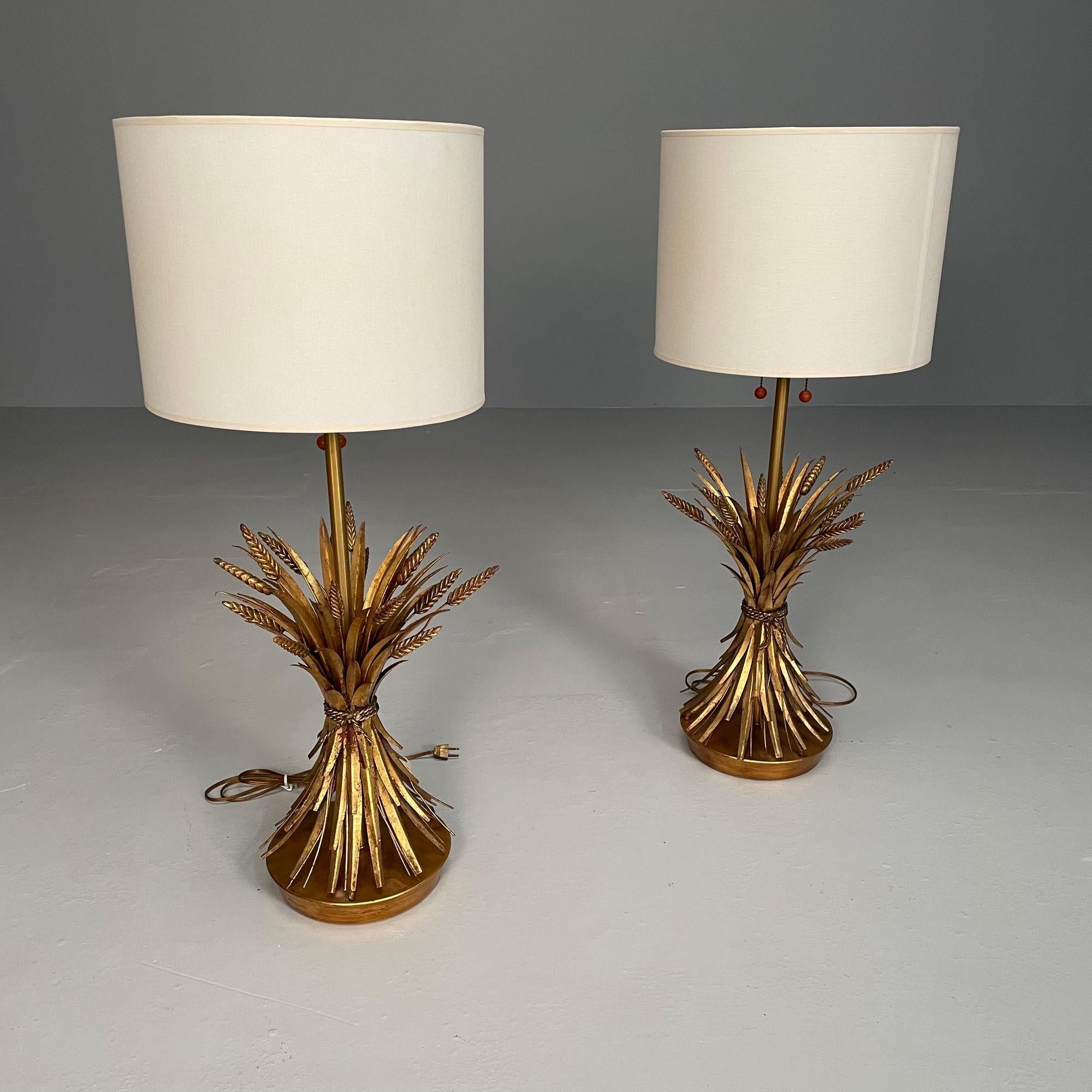 American Pair of Hollywood Regency Style Wheat Sheath Table / Desk Lamps, Gilt Metal