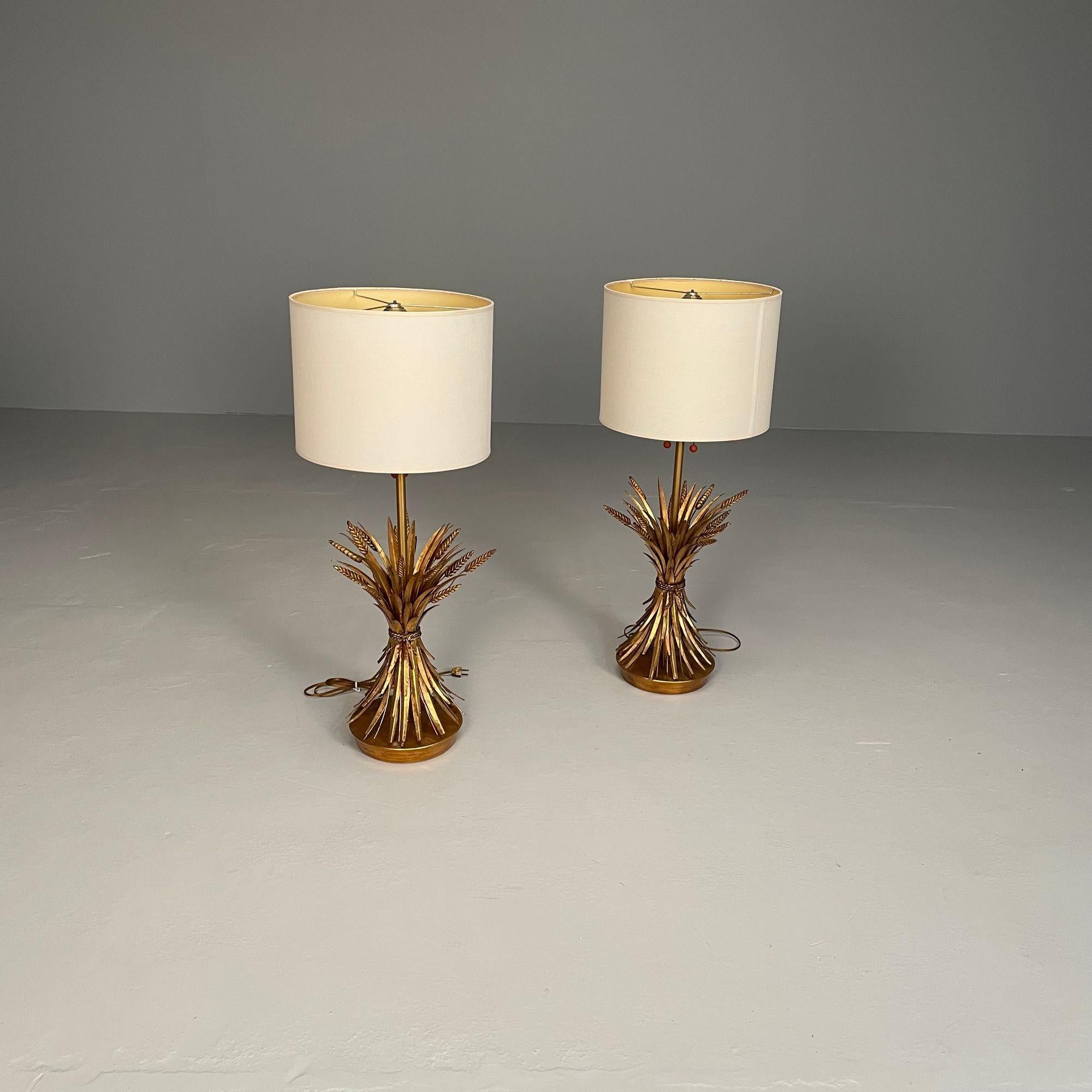 Late 20th Century Pair of Hollywood Regency Style Wheat Sheath Table / Desk Lamps, Gilt Metal
