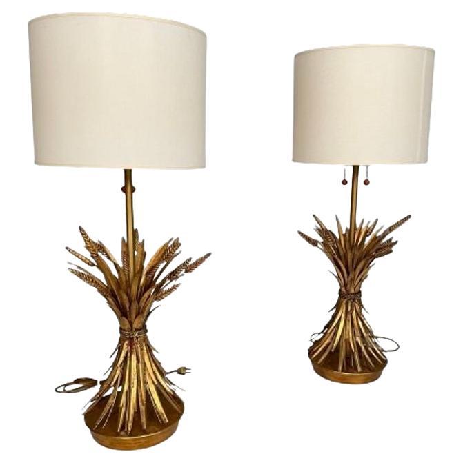 Pair of Hollywood Regency Style Wheat Sheath Table / Desk Lamps, Gilt Metal