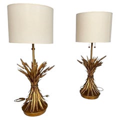 Vintage Pair of Hollywood Regency Style Wheat Sheath Table / Desk Lamps, Gilt Metal