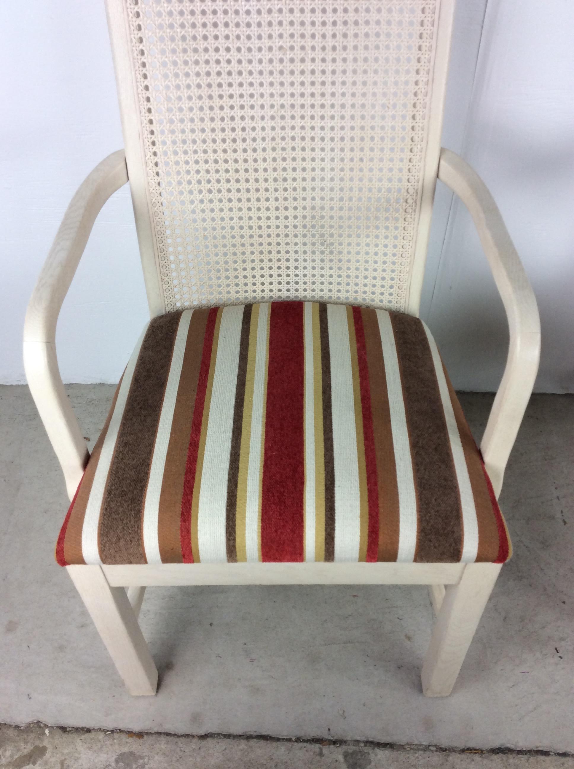 Pair of Hollywood Regency Style White Cane Back Arm Chairs In Good Condition For Sale In Freehold, NJ