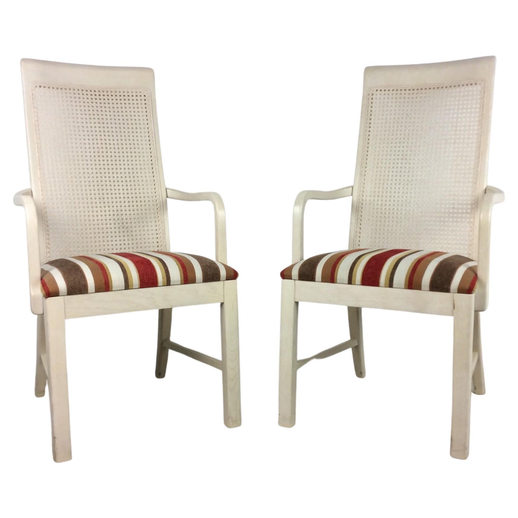 Pair of Hollywood Regency Style White Cane Back Arm Chairs For Sale