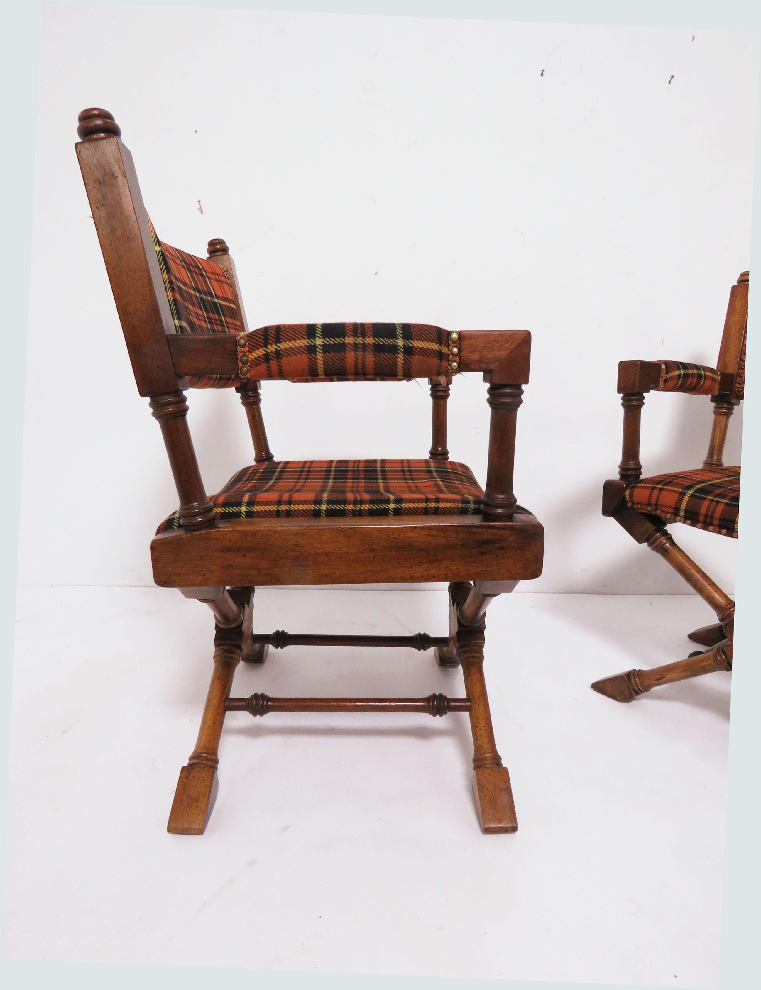 Upholstery Pair of Hollywood Regency Style X-Base Campaign Chairs, circa 1960s