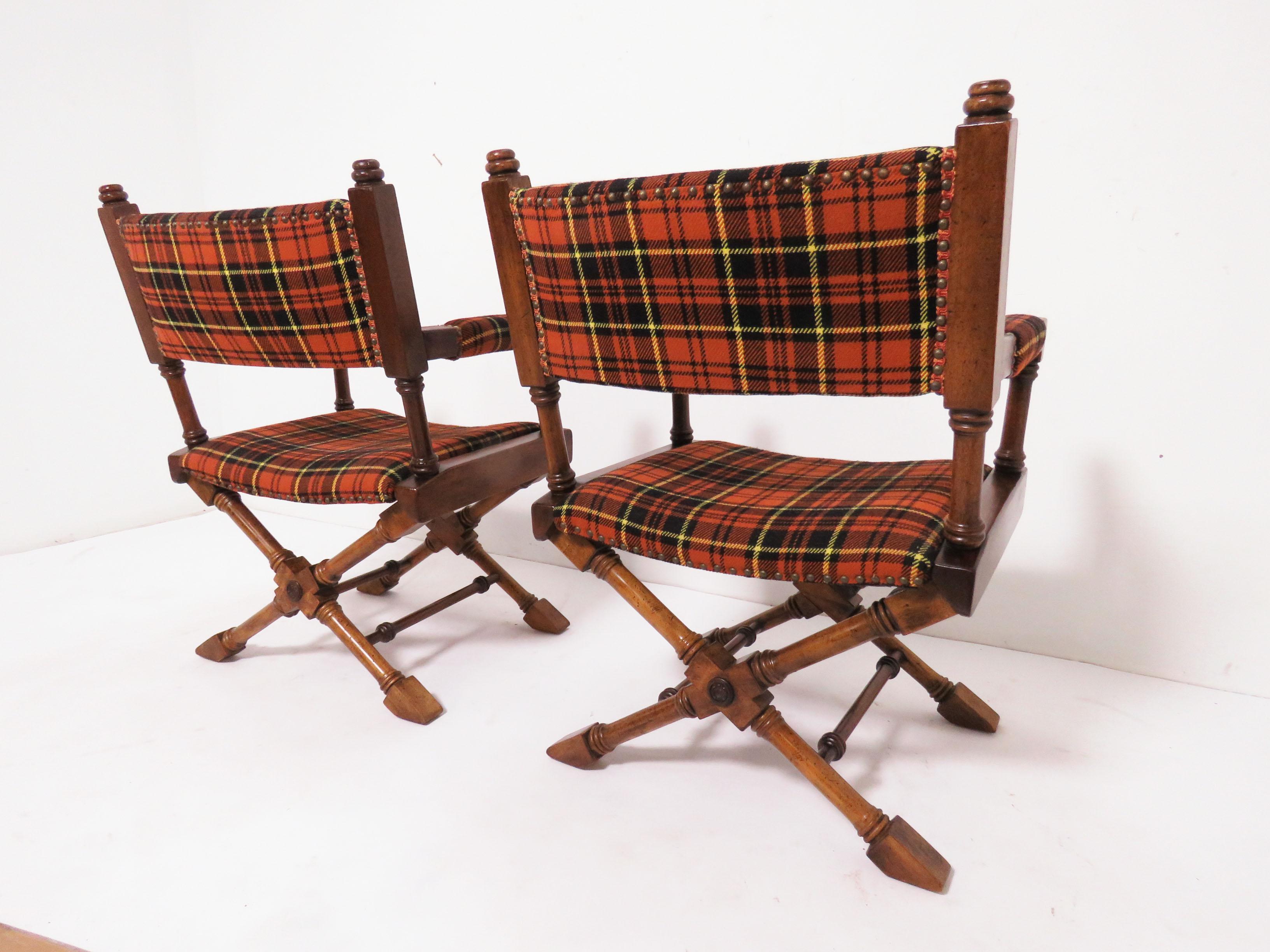 Pair of Hollywood Regency Style X-Base Campaign Chairs, circa 1960s 3