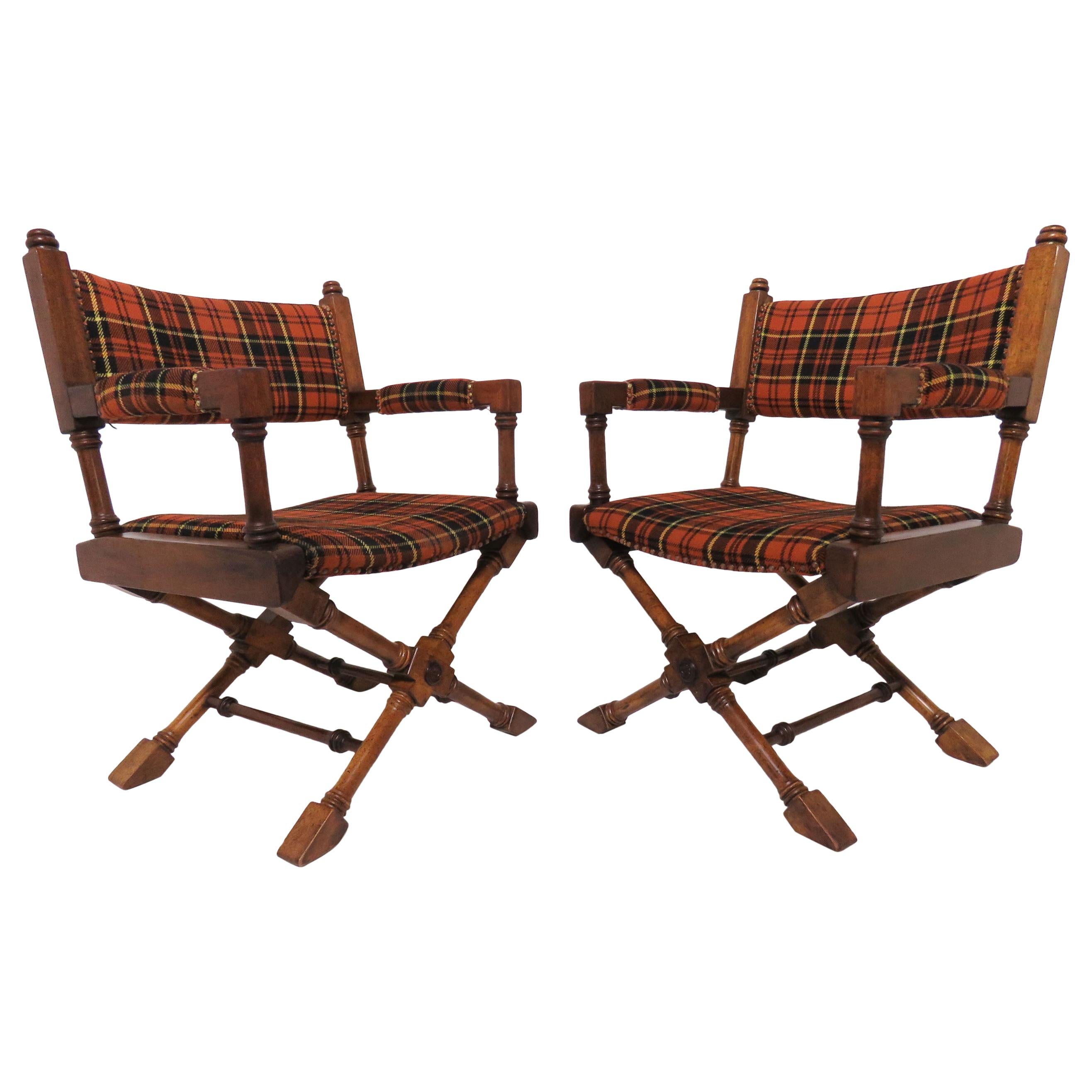 Pair of Hollywood Regency Style X-Base Campaign Chairs, circa 1960s