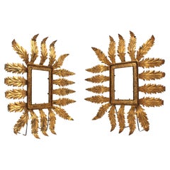 Pair of Hollywood Regency Sunburst Foliage Picture Frames in Gilt Iron