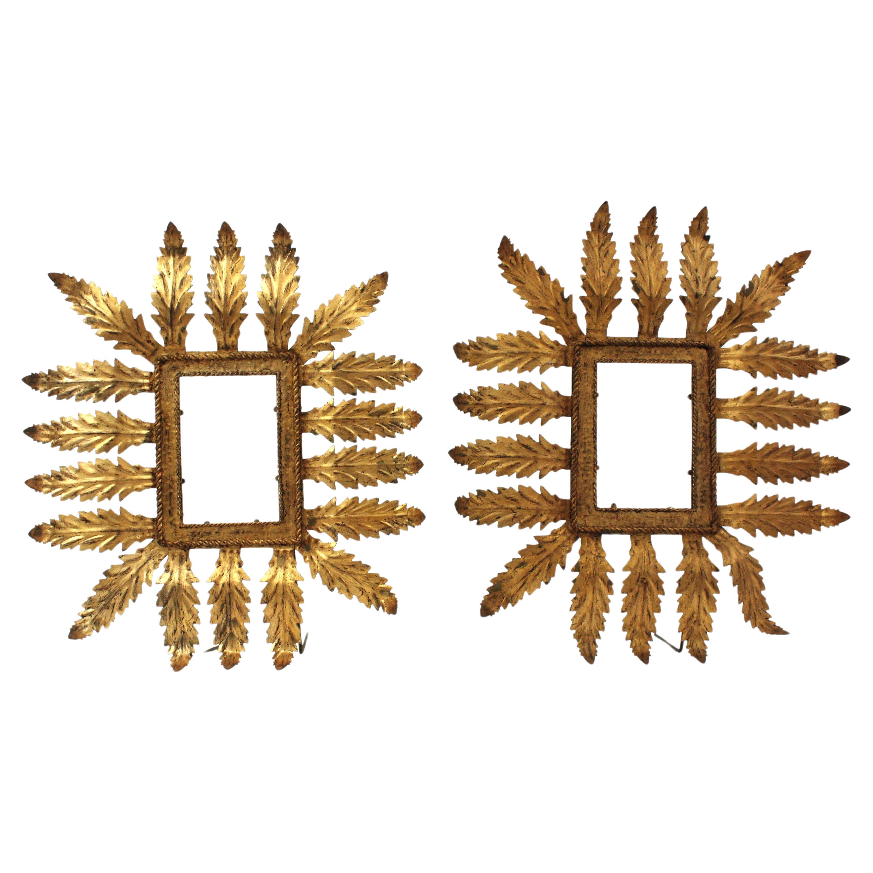Pair of Hollywood Regency Sunburst Foliage Picture Frames in Gilt Iron
