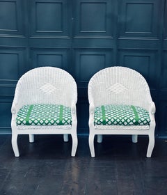 Pair Of Hollywood Regency Swan-Handle Wicker Accent Chairs