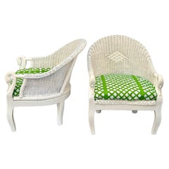 Pair Of Hollywood Regency Swan-Handle Wicker Accent Chairs