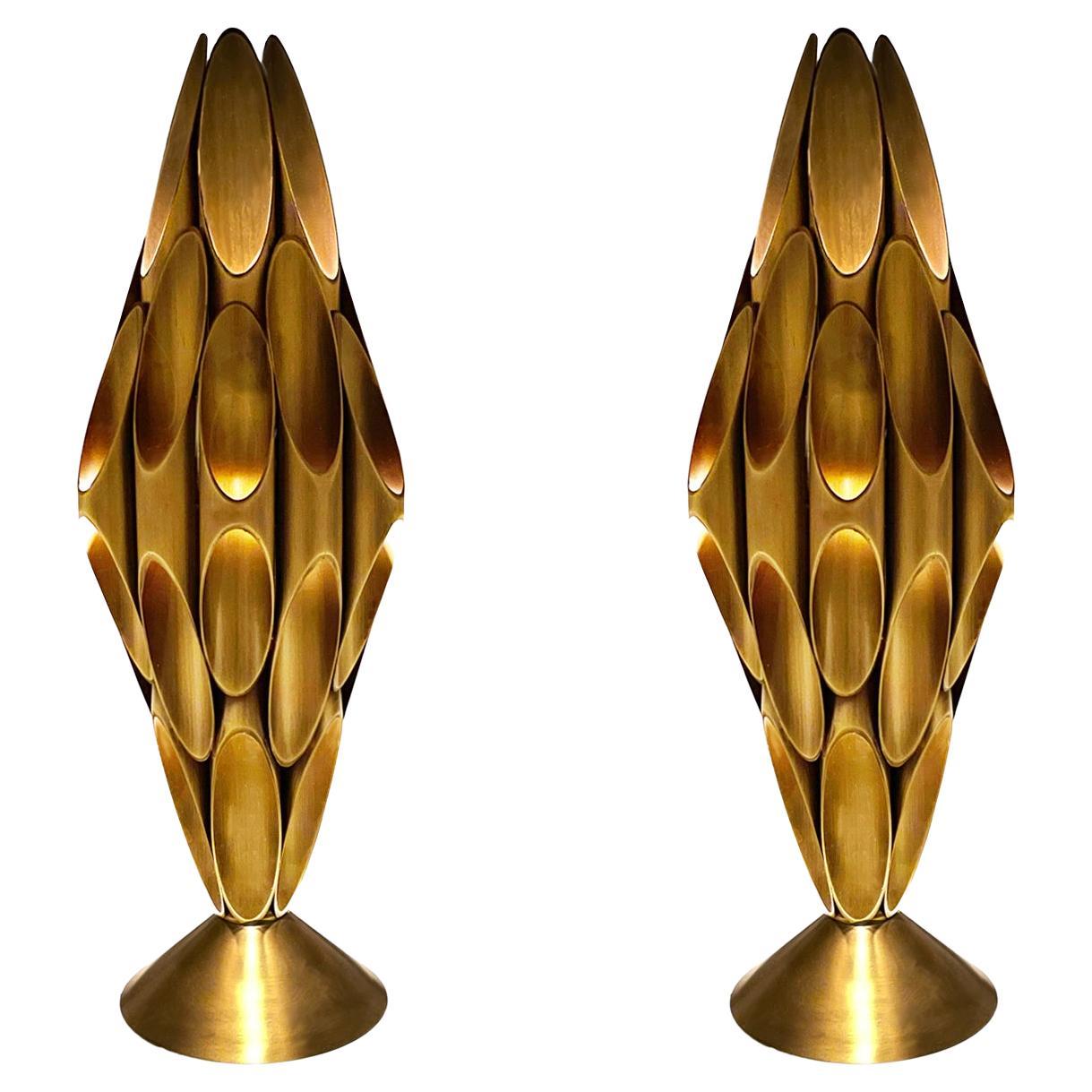 Pair of Hollywood Regency Table Accent Lamps Patinated Brass After Mastercraft For Sale