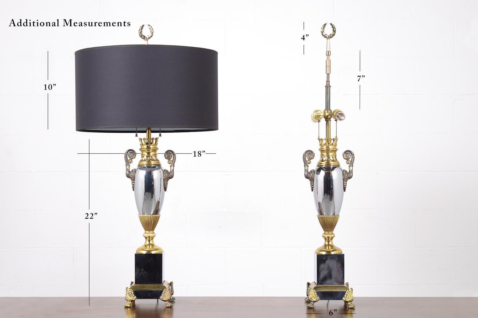 Hollywood Regency 1950s Vintage Regency Style Table Lamps: Silver & Gold Finish with Black Shades For Sale