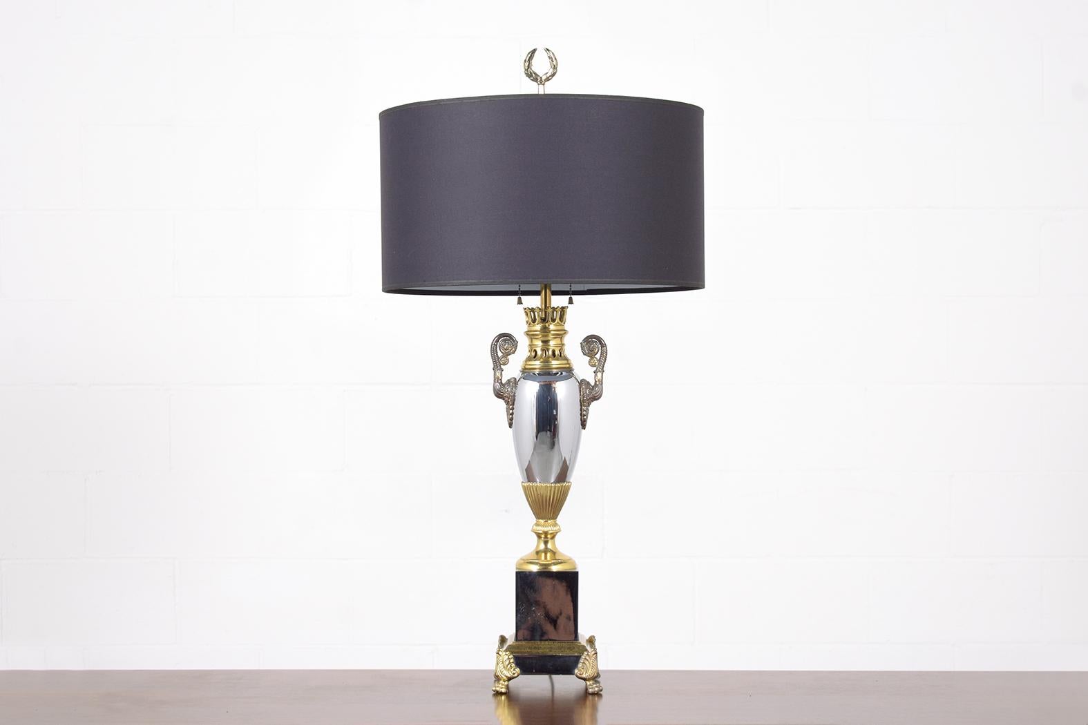 1950s Vintage Regency Style Table Lamps: Silver & Gold Finish with Black Shades In Good Condition For Sale In Los Angeles, CA