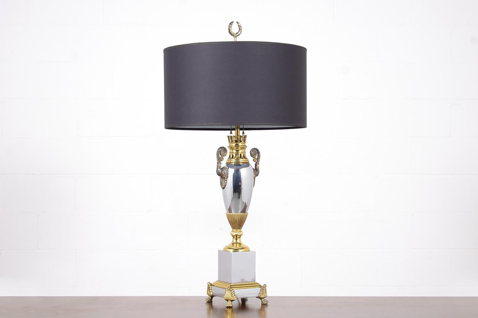 Mid-20th Century 1950s Vintage Regency Style Table Lamps: Silver & Gold Finish with Black Shades For Sale