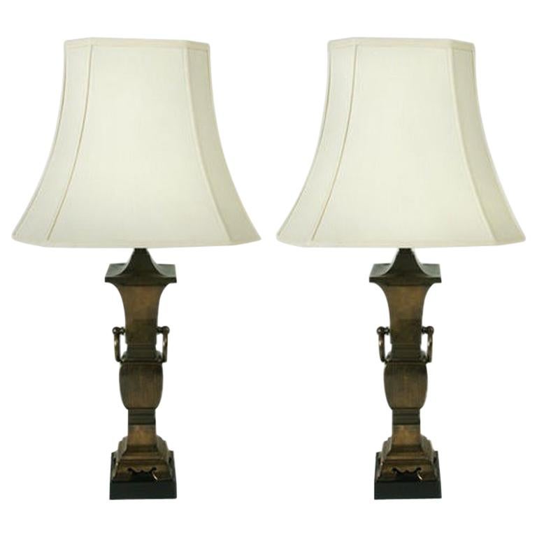 Pair of Hollywood Regency Tall Brass Urn Form Asian Modern Table Lamps
