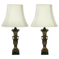 Retro Pair of Hollywood Regency Tall Brass Urn Form Asian Modern Table Lamps