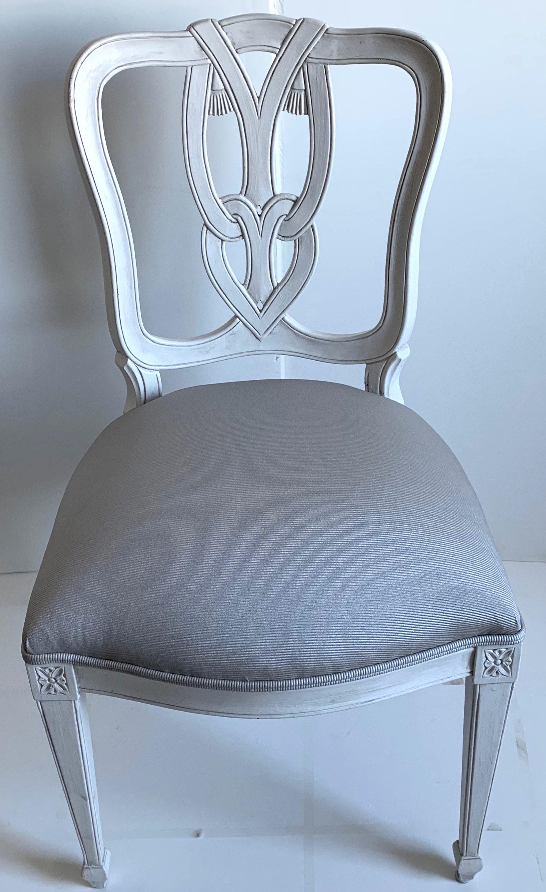 American Pair of Hollywood Regency Tassel-Motif White Side Chairs For Sale