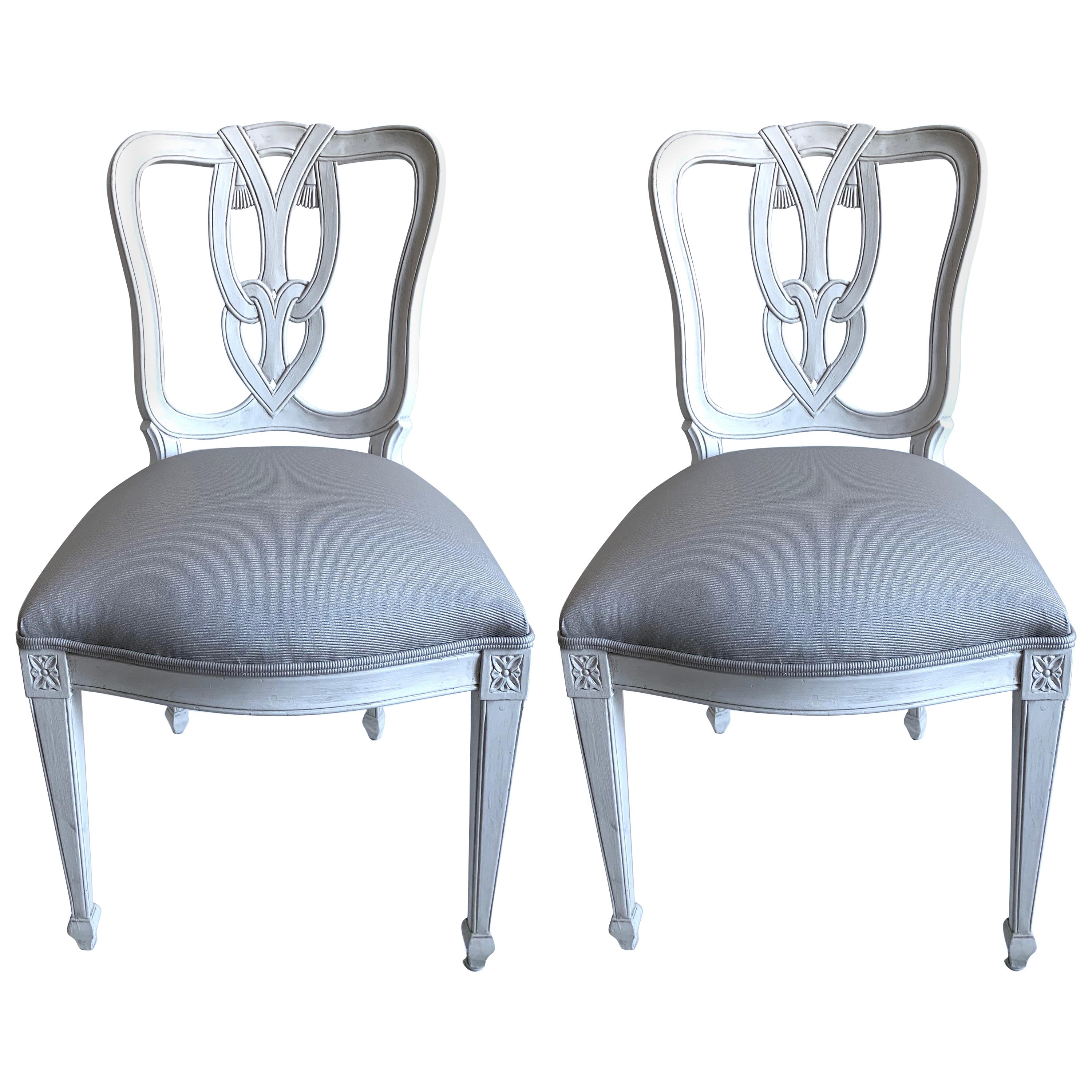 Pair of Hollywood Regency Tassel-Motif White Side Chairs