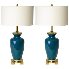 Pair of Hollywood Regency Teal Lamps with Greek Key Design