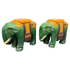 pair of Hollywood Regency Terracotta Green Elephant Garden Plant Stand or Seat