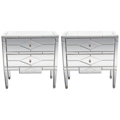 Pair of Hollywood Regency Tessellated Mosaic Mirrored Nightstands/End Tables