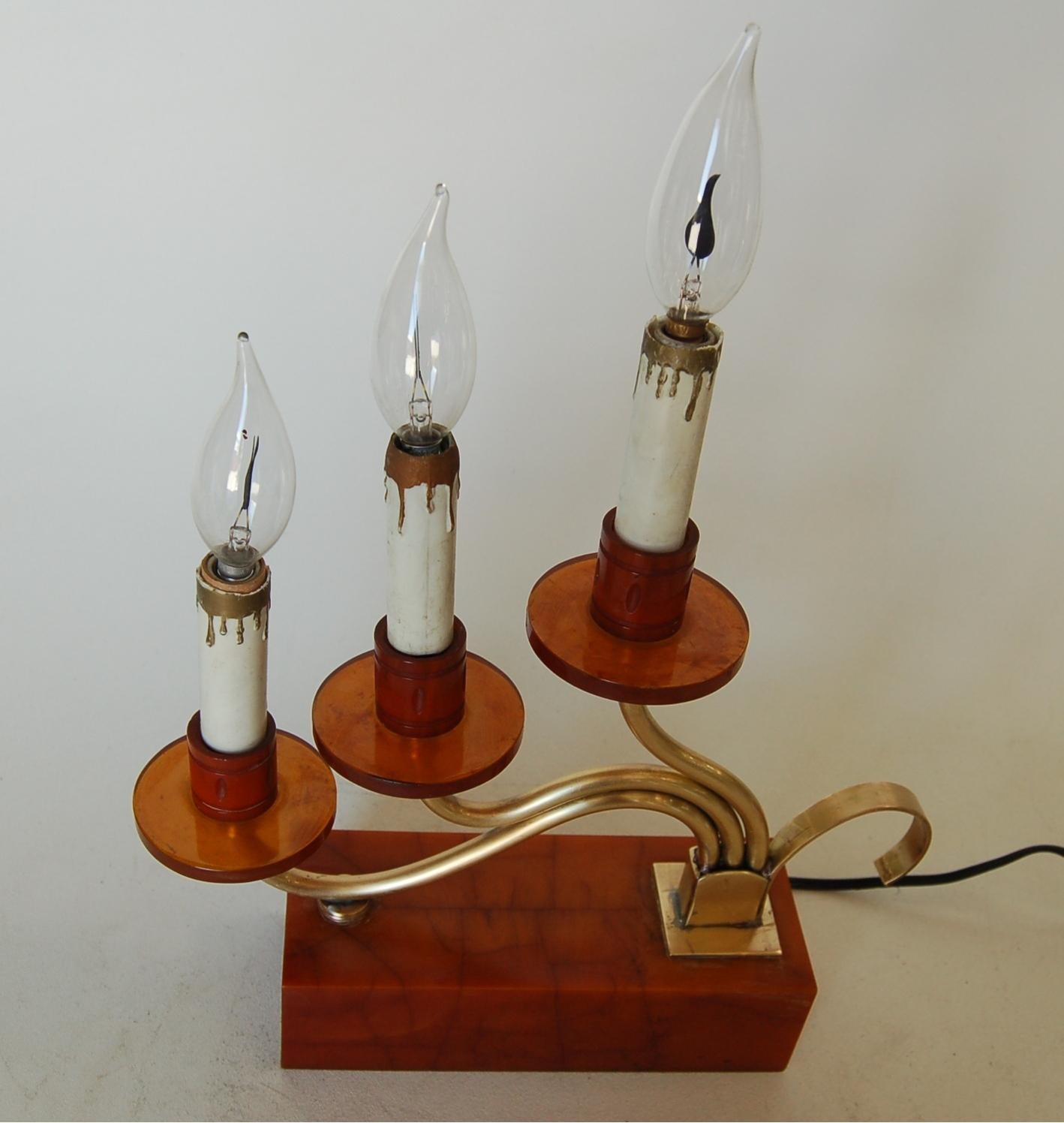 Italian Pair of Hollywood Regency Three Candle Bakelite and Brass Table Lamps For Sale