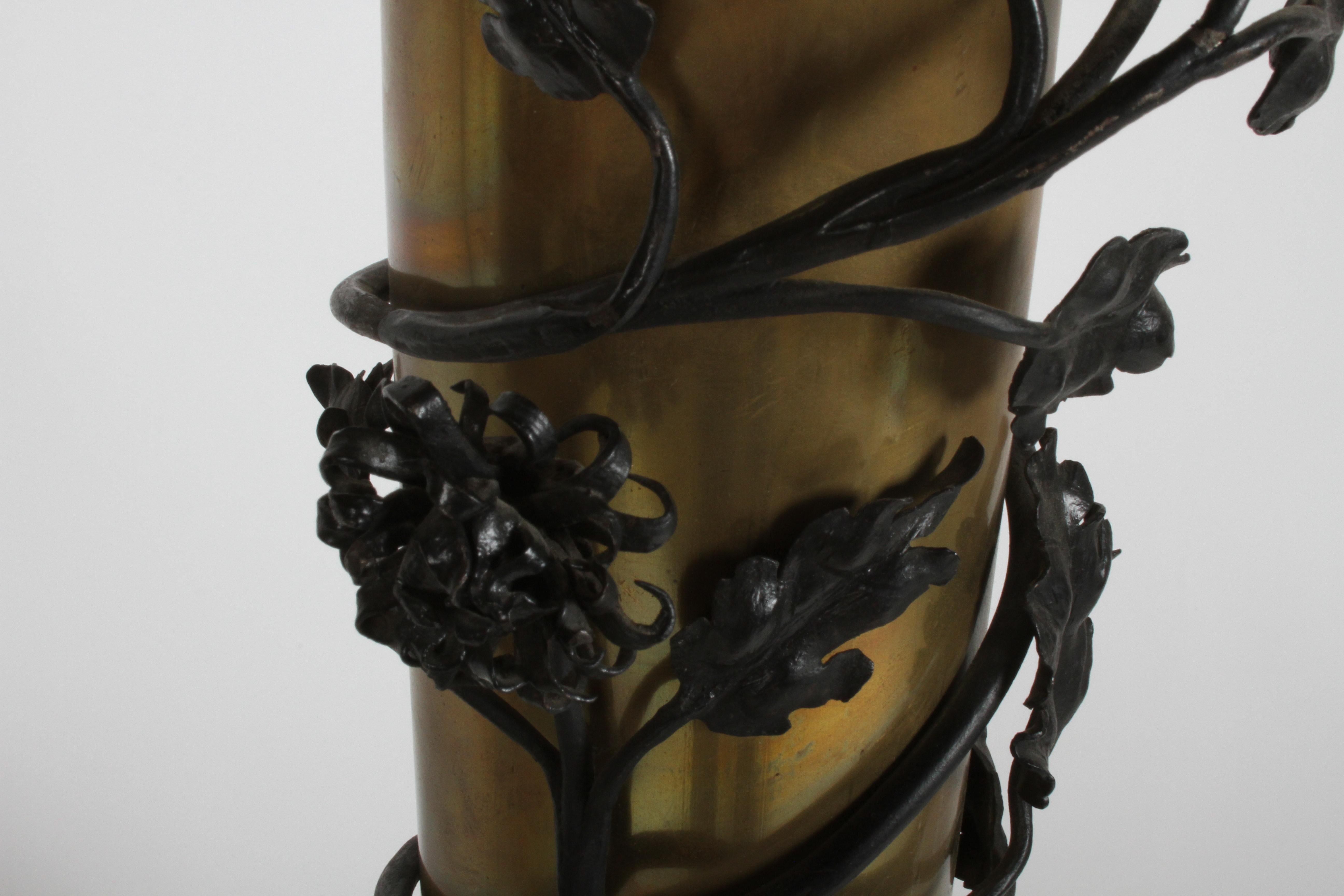 Pair of Hollywood Regency Tôle Brass Lamps Wrapped in Iron Vines & Flowers Stems For Sale 6