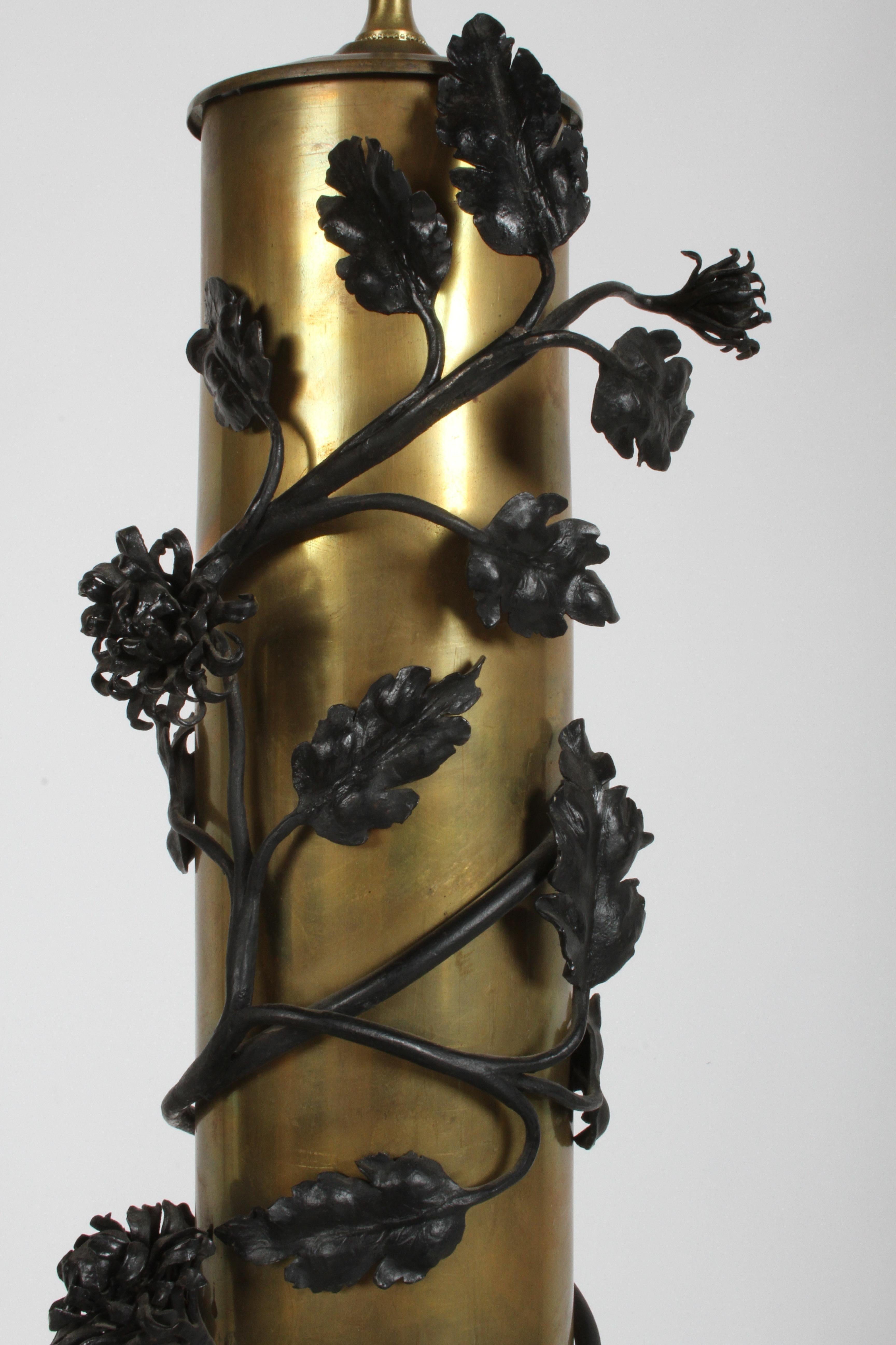 Pair of Hollywood Regency Tôle Brass Lamps Wrapped in Iron Vines & Flowers Stems In Good Condition For Sale In St. Louis, MO