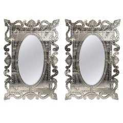 Pair of Hollywood Regency Venetian Mirrors, Monumental Etched Glass