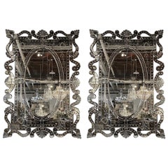 Pair of Hollywood Regency Venetian Mirrors, Monumental Etched Glass