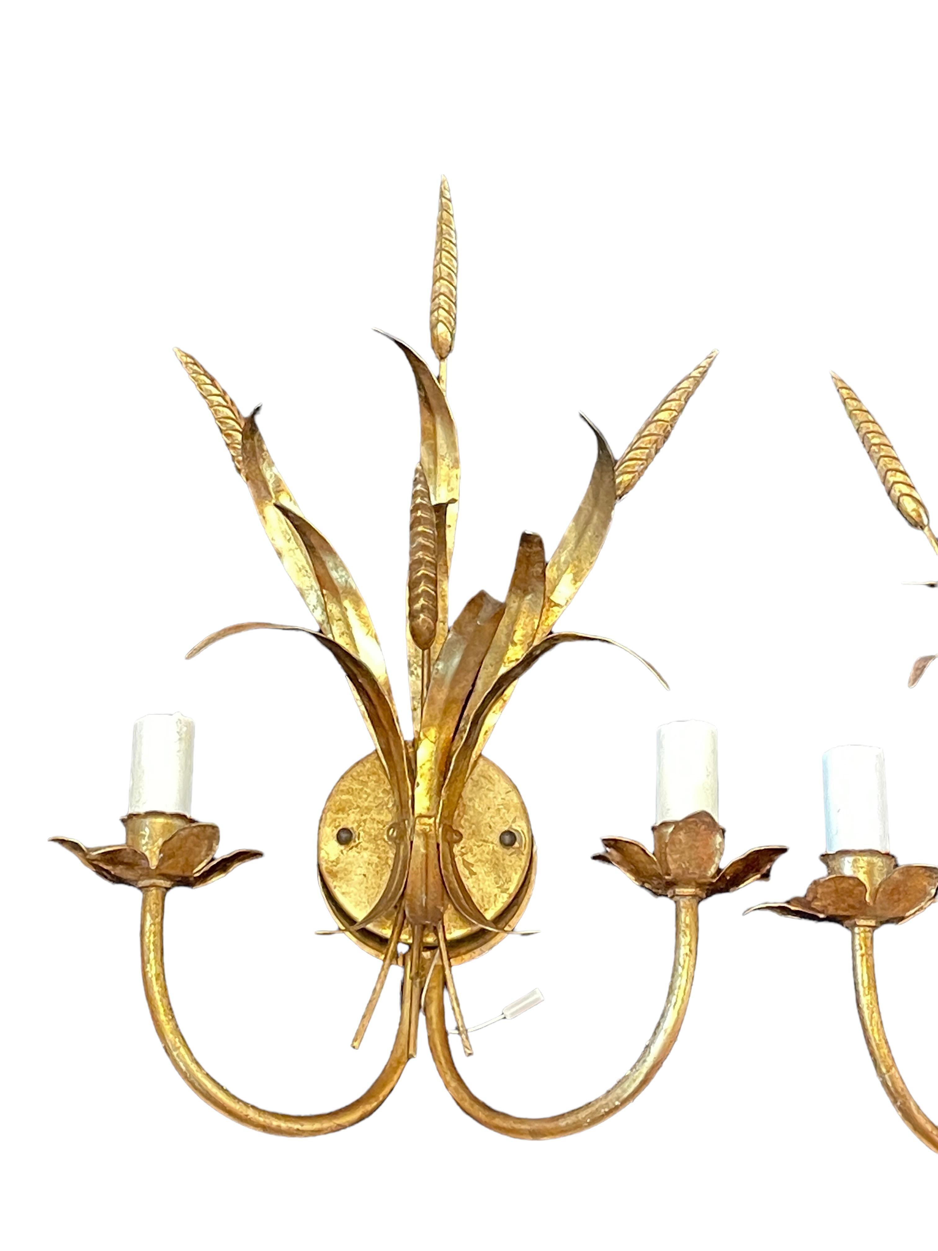 Gilt Pair of Wheat Sheaf Two-Light Gilded Tole Sconces by Hans Kögl, Germany, 1970s For Sale