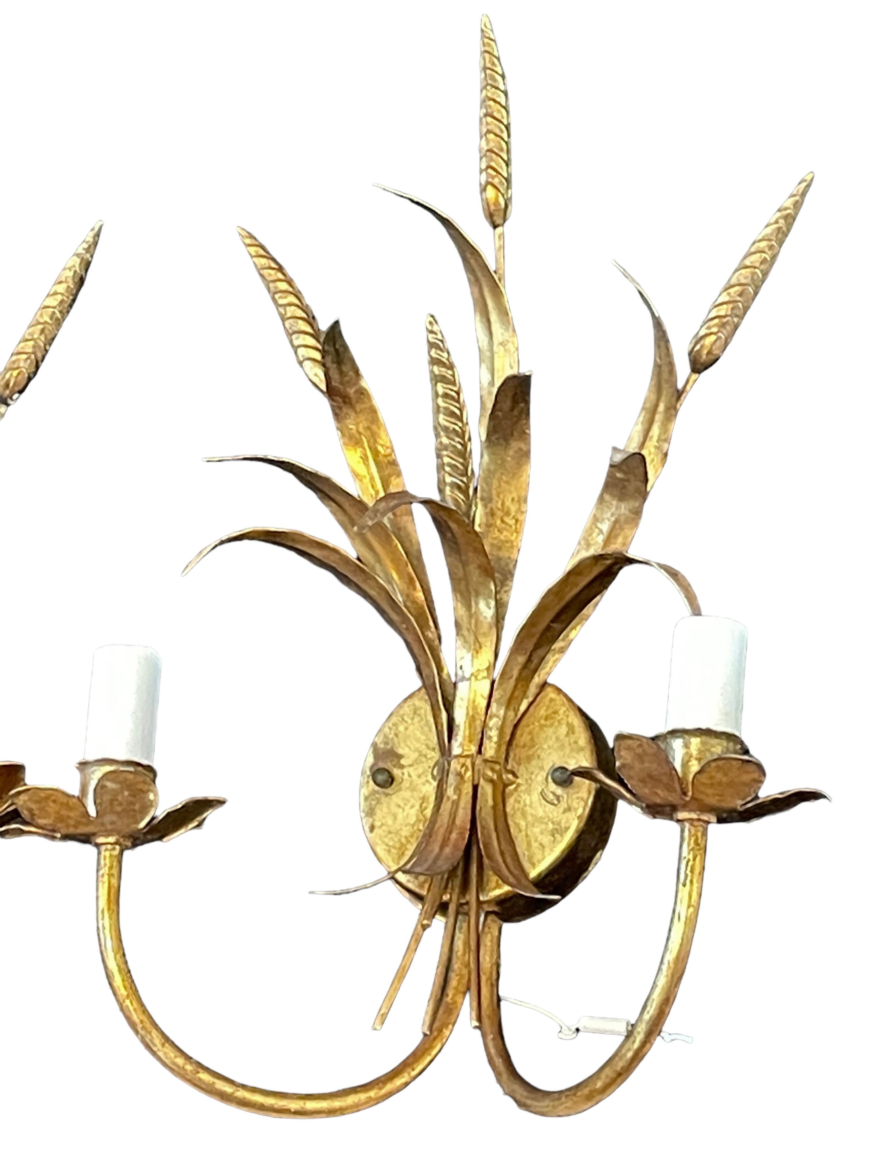 Metal Pair of Wheat Sheaf Two-Light Gilded Tole Sconces by Hans Kögl, Germany, 1970s For Sale