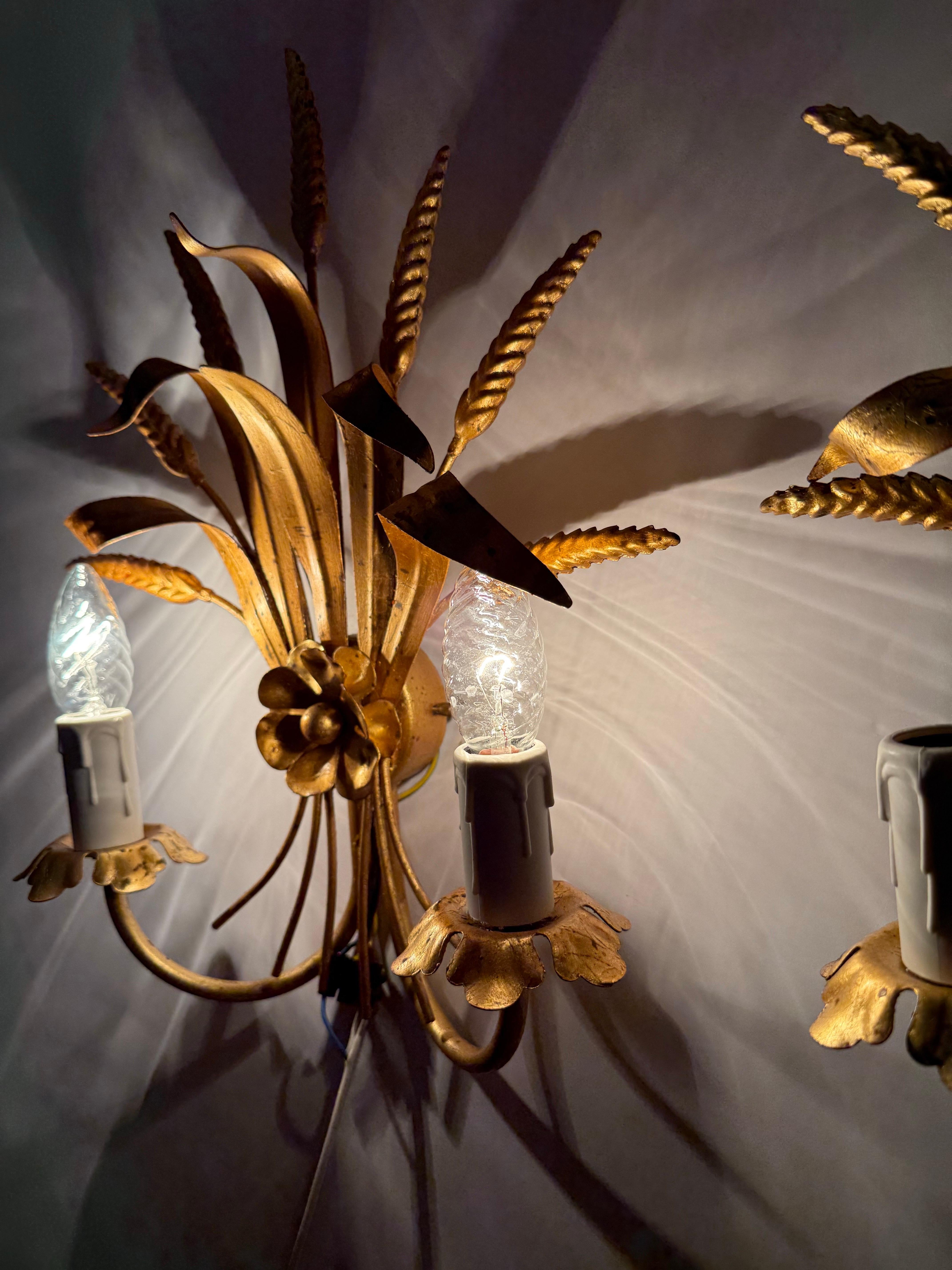 Dieses schöne Paar Wandlampen ist ein Meisterwerk. Die Lampen stammen aus einem alten schlossähnlichen Anwesen in Deutschland und beleuchten den Boden des Herrenhauses. Die Vergoldung reflektiert wunderschön im Sonnenlicht oder dem Licht der