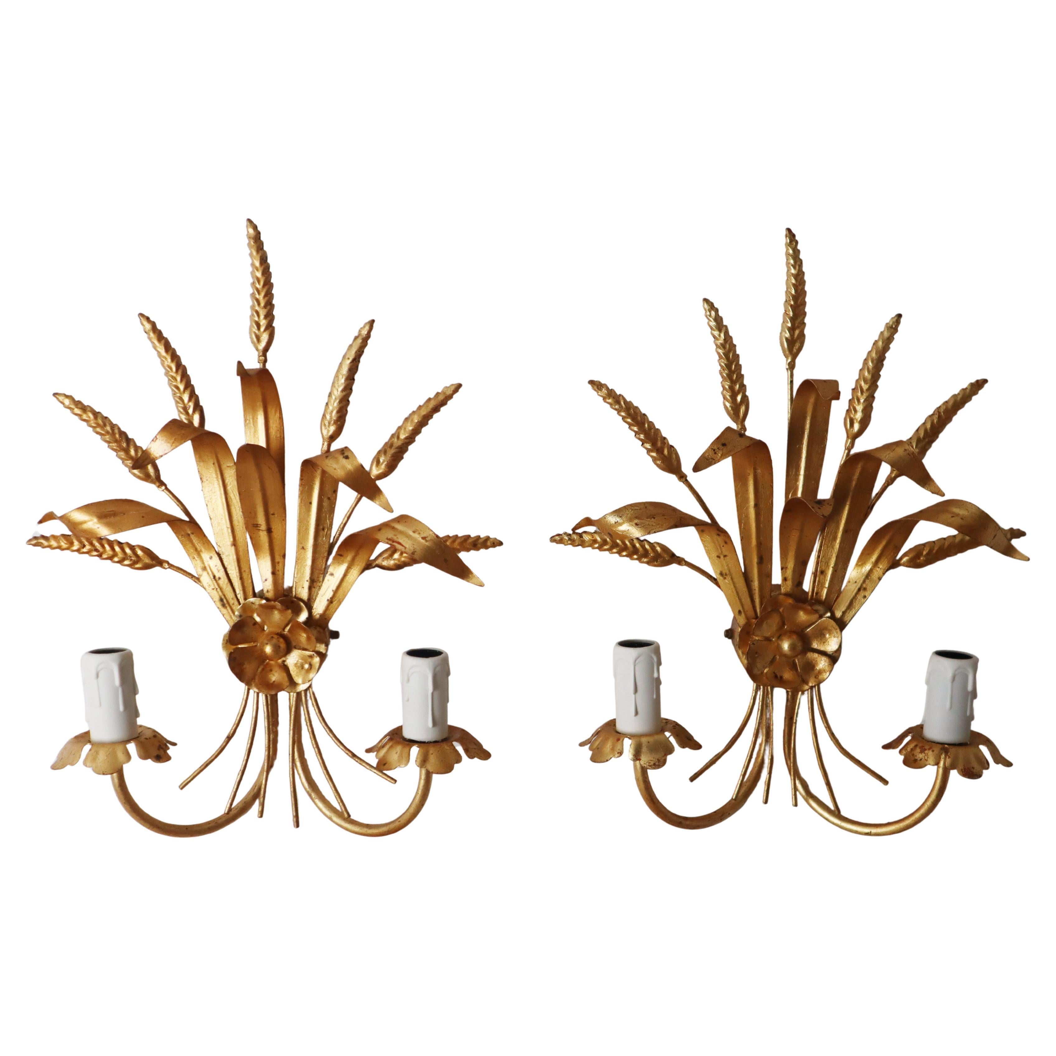 Pair of Hollywood Regency wall Lights with Golden Wheat Ears