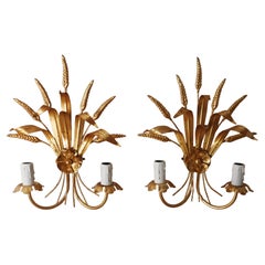 Coppia di luci da parete Hollywood Regency con orecchie di grano dorate