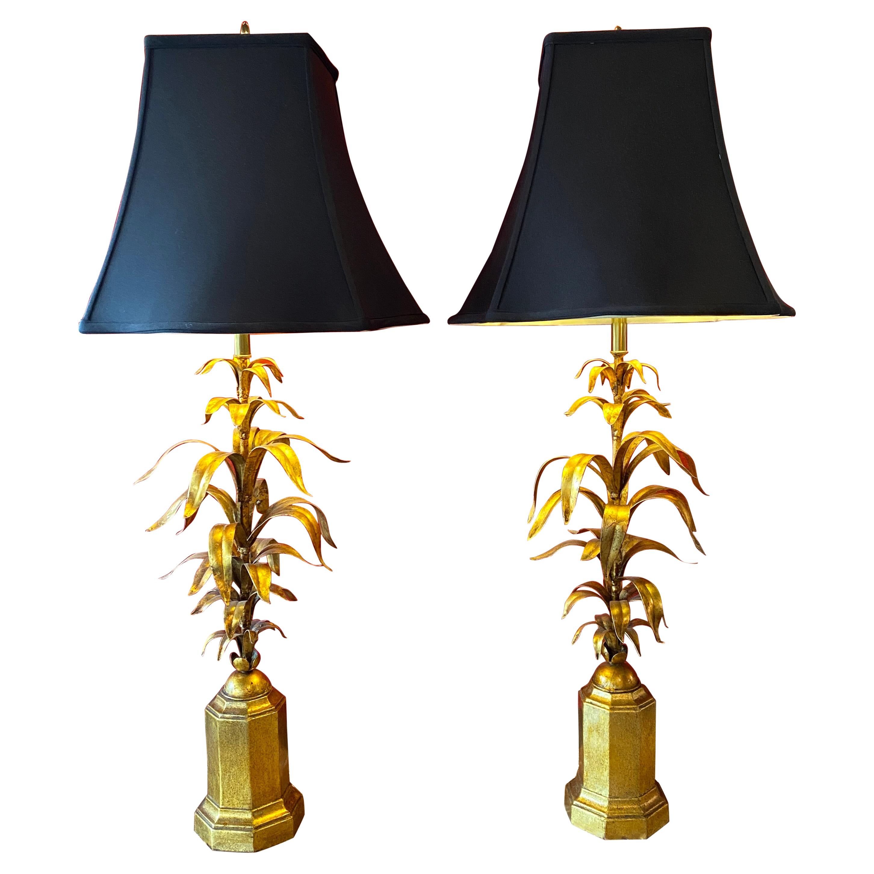 Pair of Hollywood Regency Wheat Form Gilt Table Lamps