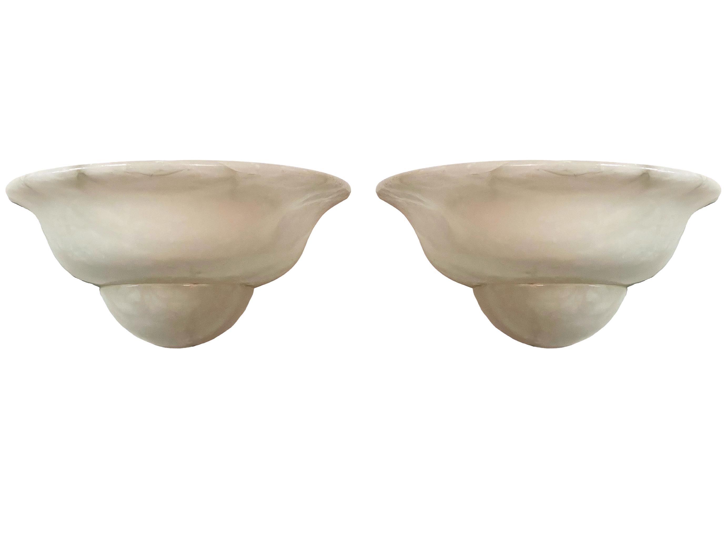 Pair of Hollywood Regency White Alabaster Marble Wall Sconces in Art Deco Form For Sale 5