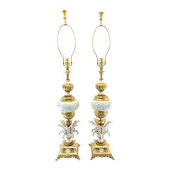 Pair of Hollywood Regency White and Gold Painted Cast Metal Lamps