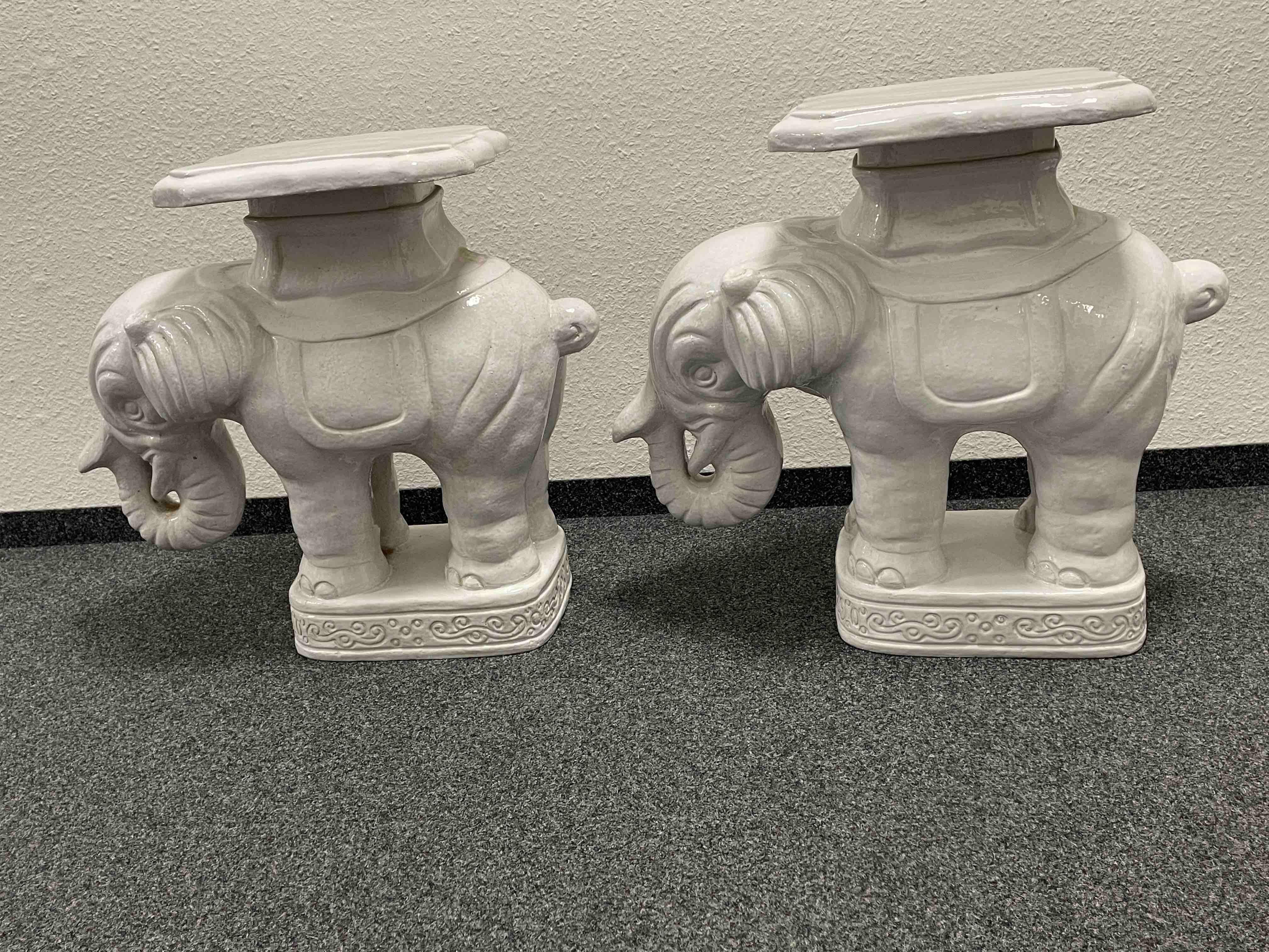 Italian Pair of Hollywood Regency White Colored Elephant Garden Plant Stand or Seat