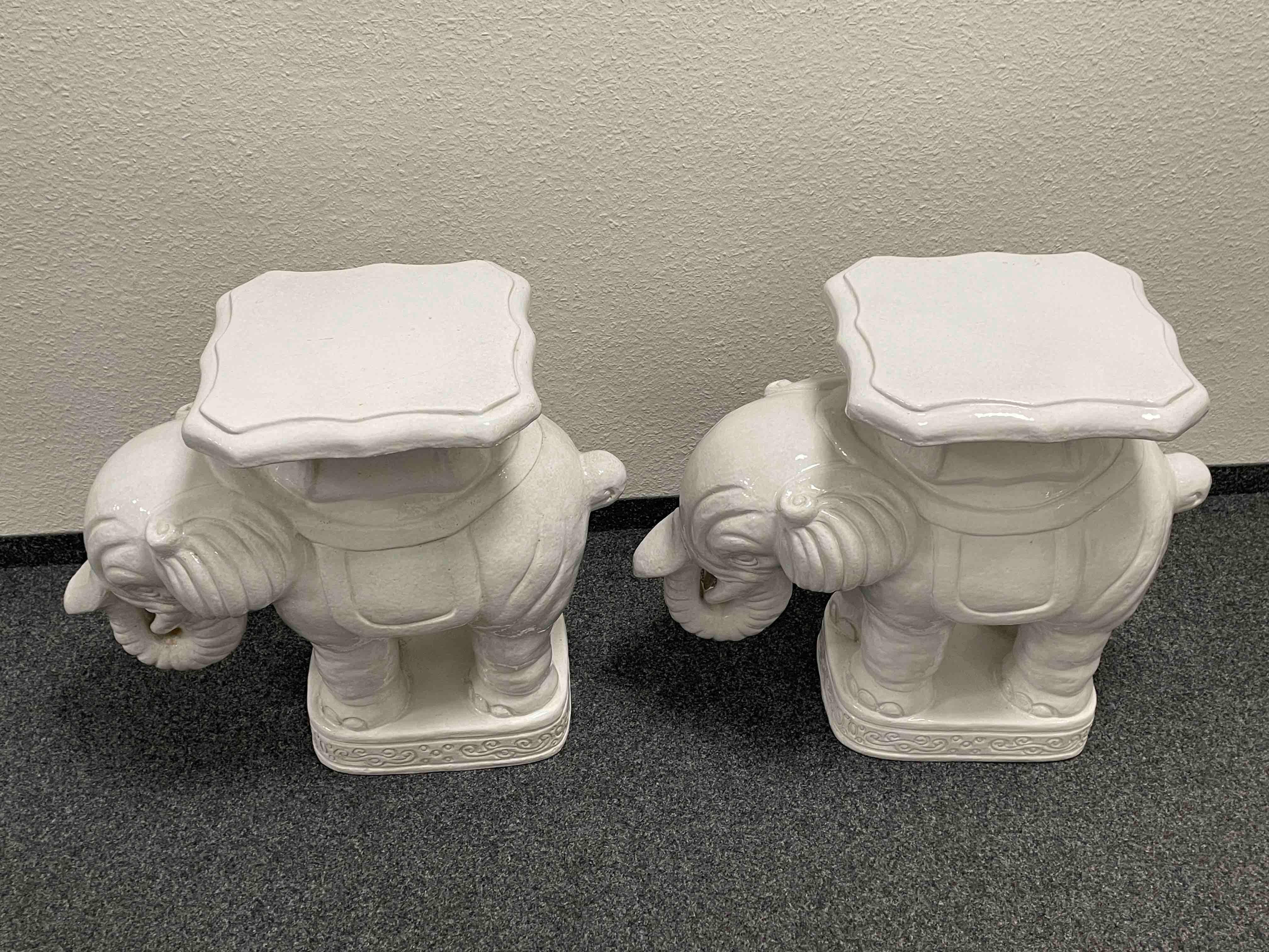 Hand-Crafted Pair of Hollywood Regency White Colored Elephant Garden Plant Stand or Seat For Sale