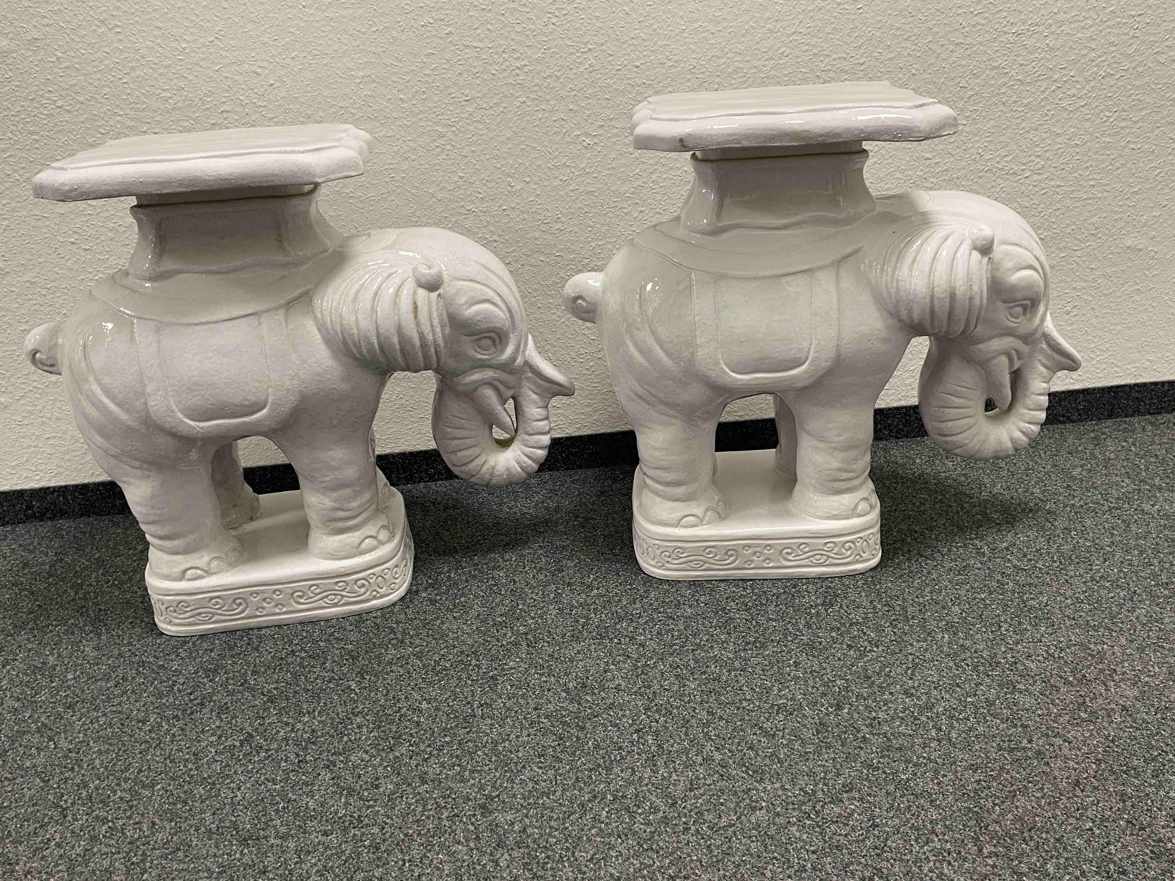 Late 20th Century Pair of Hollywood Regency White Colored Elephant Garden Plant Stand or Seat